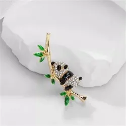 Fashion White Crystal Bamboo Panda Brooch